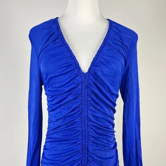 NWOT Farm Rio V Neckline Ruched Blue Maxi Dress Long Sleeves Size M - Picture 3 of 12